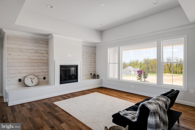 living room featuring dark hardwood / wood-style floors, ornamental molding, and a tray ceiling