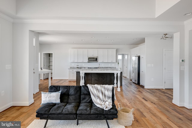 living room featuring ornamental molding and light hardwood / wood-style floors