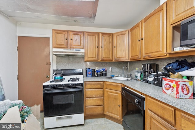 kitchen with white gas range, dishwasher, sink, tasteful backsplash, and light tile patterned floors