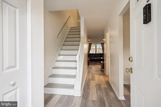 staircase with hardwood / wood-style floors