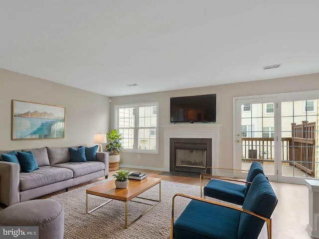 living room with light hardwood / wood-style floors and plenty of natural light