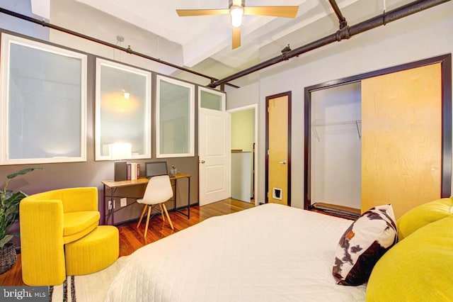 bedroom featuring ceiling fan, beam ceiling, a closet, and dark hardwood / wood-style flooring