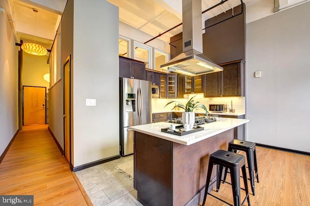 kitchen with island exhaust hood, a breakfast bar area, light wood-type flooring, and appliances with stainless steel finishes