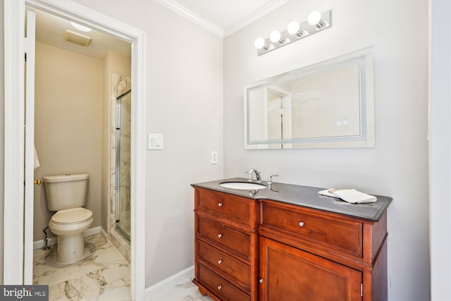 bathroom featuring toilet, a shower with door, vanity, and ornamental molding