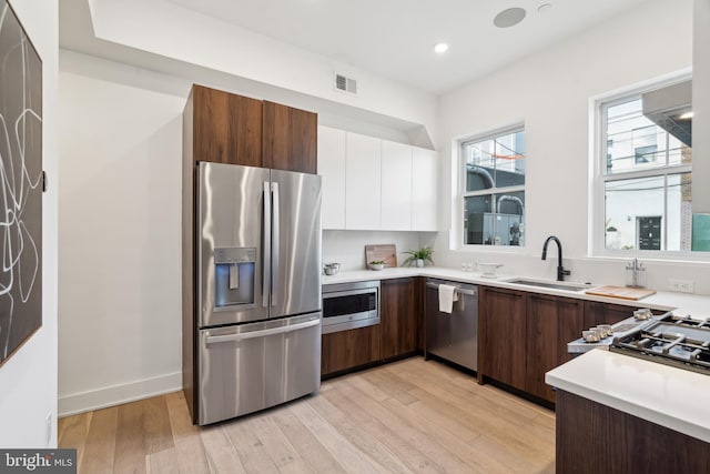 kitchen featuring light hardwood / wood-style flooring, white cabinetry, sink, and stainless steel appliances