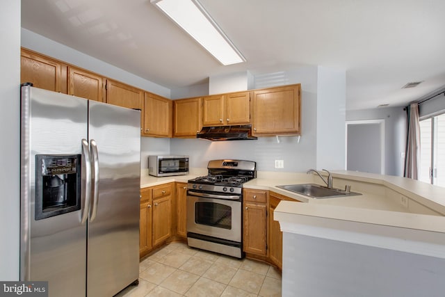 kitchen featuring stainless steel appliances, light tile patterned floors, sink, and kitchen peninsula