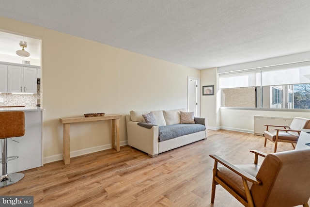 living room with a textured ceiling and light hardwood / wood-style flooring