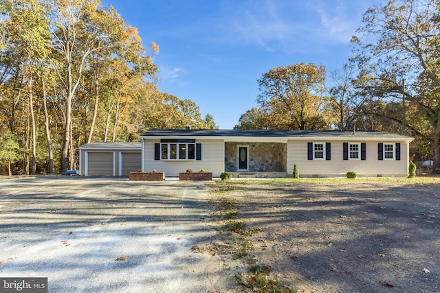 ranch-style home with an outbuilding and a garage