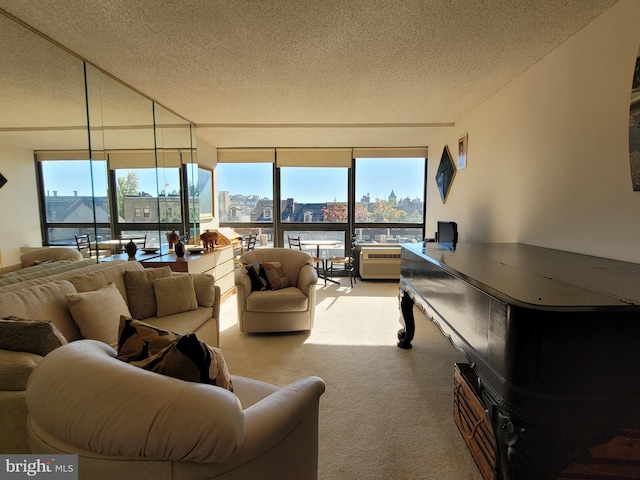 carpeted living room featuring a textured ceiling