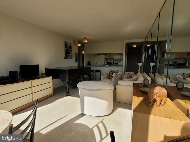 living room with light colored carpet