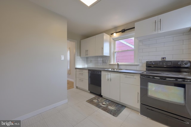 kitchen featuring sink, light tile patterned floors, decorative backsplash, white cabinets, and black appliances