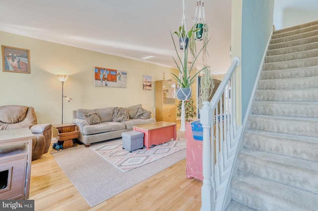 living room featuring hardwood / wood-style flooring and crown molding