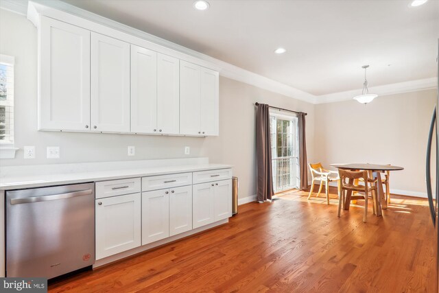 4639 Pendall Dr, Fort Washington, MD 20744 - kitchen featuring dishwasher, recessed lighting, light wood-style flooring, white cabinetry, and light countertops