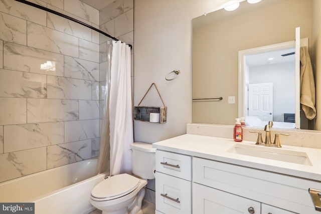 full bathroom with vanity, toilet, and shower / bathtub combination with curtain