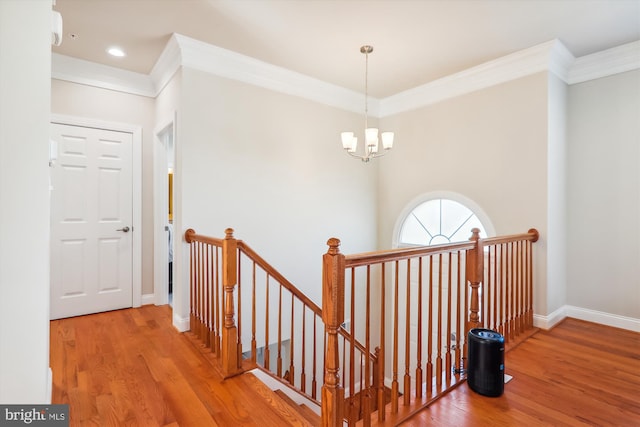 hall featuring wood-type flooring, an inviting chandelier, and crown molding