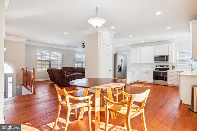 dining space featuring crown molding, light hardwood / wood-style flooring, ceiling fan, and sink