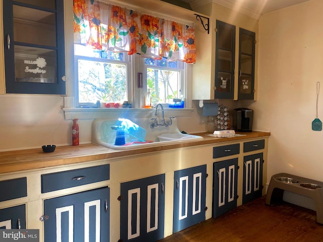 kitchen with wooden counters and dark hardwood / wood-style flooring