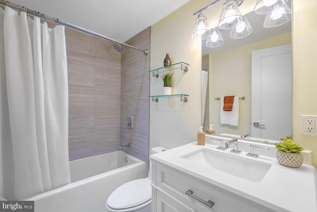 full bathroom with shower / bath combo, vanity, toilet, and a notable chandelier