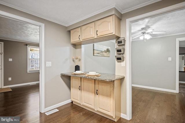 kitchen with a textured ceiling, dark hardwood / wood-style floors, ceiling fan, and crown molding