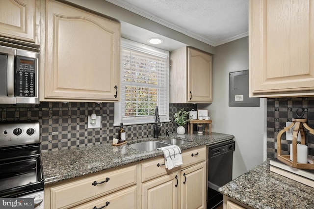 kitchen featuring dishwasher, dark stone countertops, sink, and light brown cabinetry