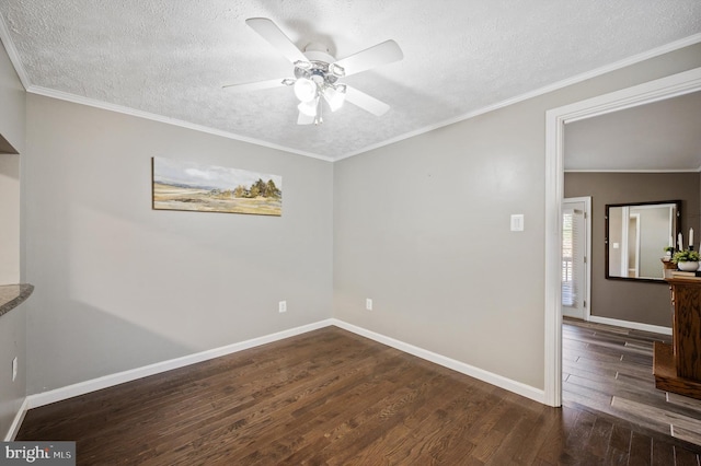 174 Robin Ln, Harpers Ferry, WV 25425 - empty room featuring a textured ceiling, dark wood-type flooring, ceiling fan, baseboards, and crown molding
