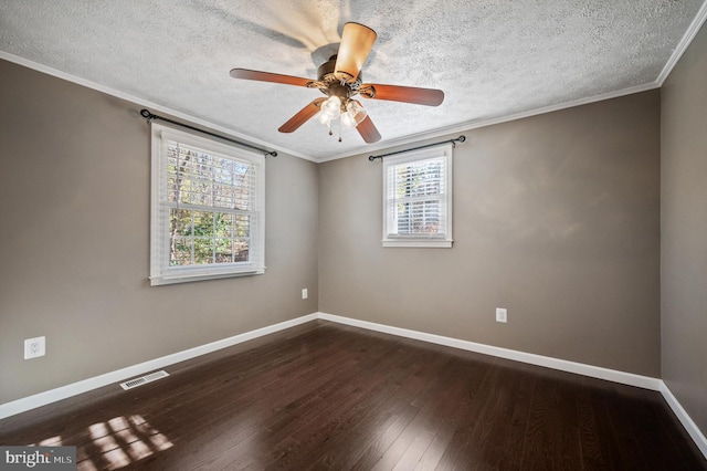 174 Robin Ln, Harpers Ferry, WV 25425 - empty room with dark wood-style flooring, baseboards, a textured ceiling, ceiling fan, and crown molding