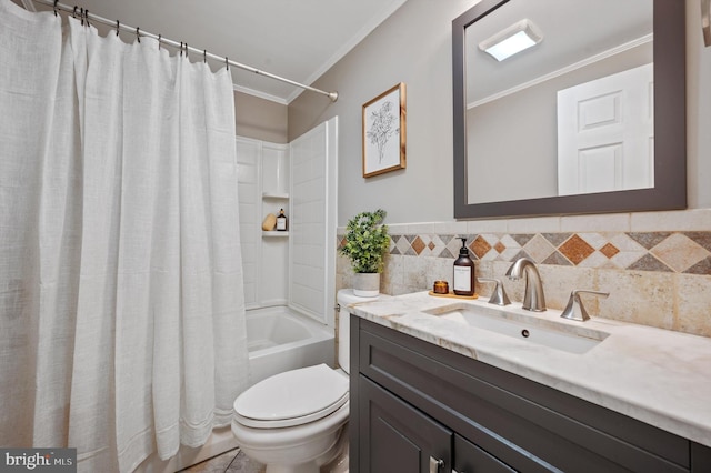 full bathroom featuring toilet, vanity, shower / tub combo with curtain, and crown molding