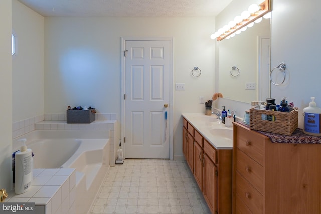 bathroom featuring vanity, a relaxing tiled tub, and a textured ceiling