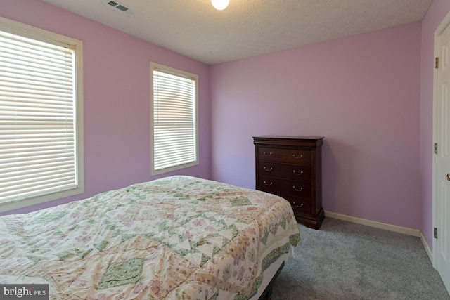 carpeted bedroom featuring a textured ceiling and multiple windows