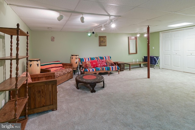 recreation room featuring light carpet and track lighting