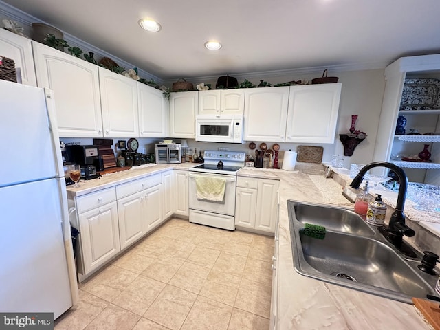 kitchen with white cabinetry, white appliances, sink, and ornamental molding