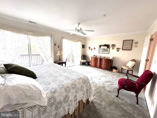 carpeted bedroom featuring access to outside, ceiling fan, and crown molding