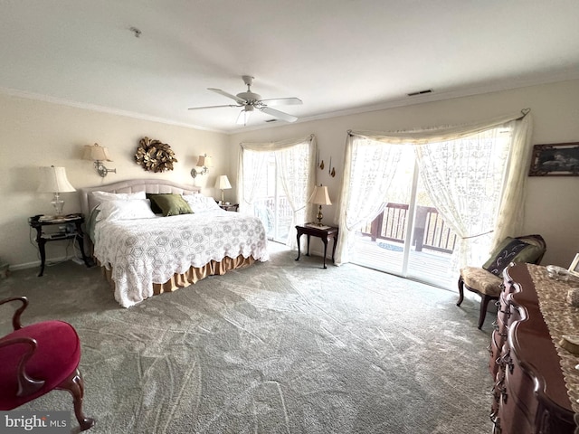 carpeted bedroom with ceiling fan, crown molding, and access to outside