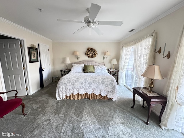 bedroom featuring ornamental molding, ceiling fan, and dark carpet