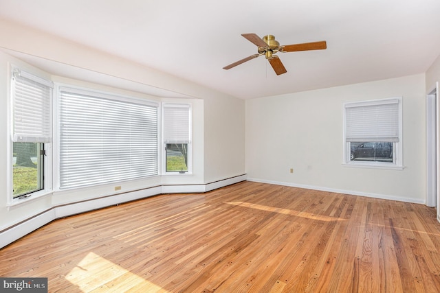 spare room with light hardwood / wood-style floors, plenty of natural light, and ceiling fan