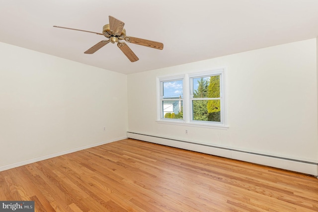 unfurnished room with ceiling fan, light hardwood / wood-style floors, and a baseboard radiator