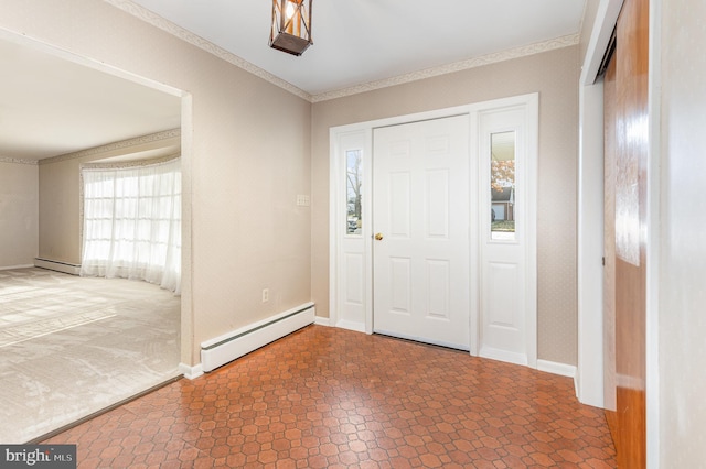 entryway with ornamental molding and a baseboard radiator