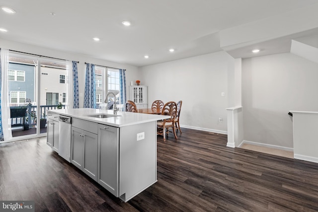 8510 Randell Ridge Rd, Frederick, MD 21704 - kitchen featuring a sink, dishwasher, dark wood finished floors, recessed lighting, and an island with sink