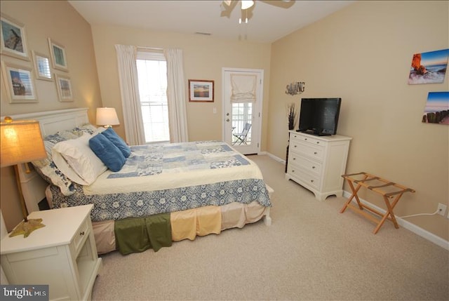 bedroom with light carpet and ceiling fan