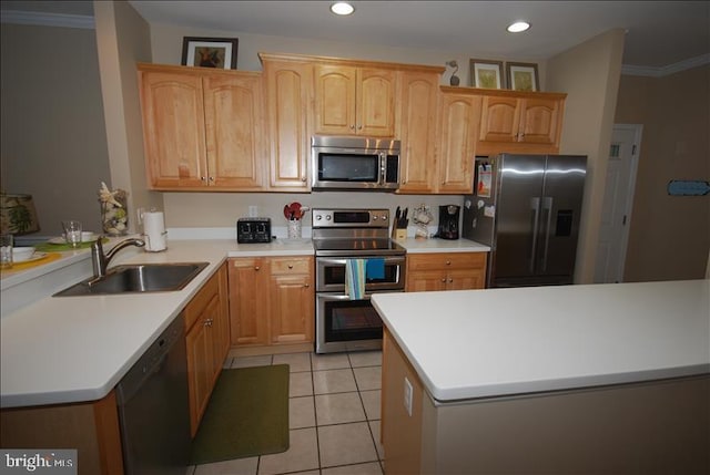 kitchen with ornamental molding, stainless steel appliances, sink, and light tile patterned floors