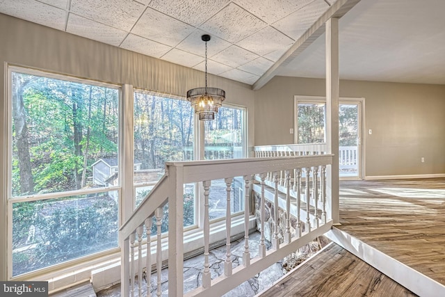 interior space featuring wood-type flooring, a healthy amount of sunlight, and a chandelier