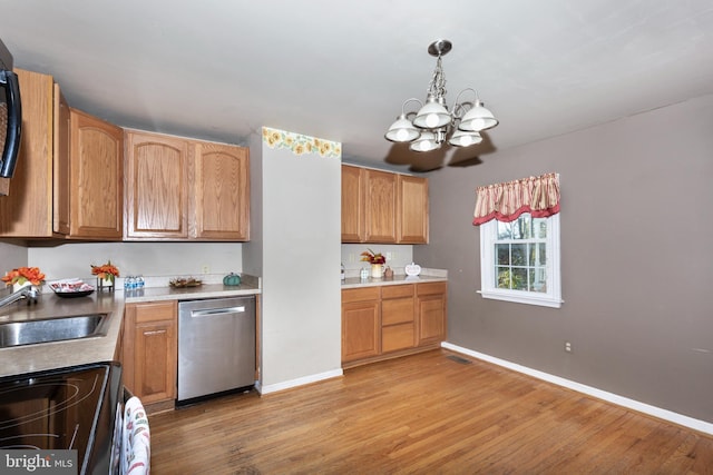 kitchen featuring stainless steel dishwasher, light hardwood / wood-style floors, hanging light fixtures, and a chandelier