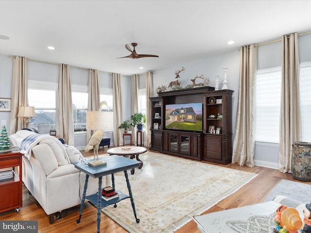 living room featuring ceiling fan and light wood-type flooring