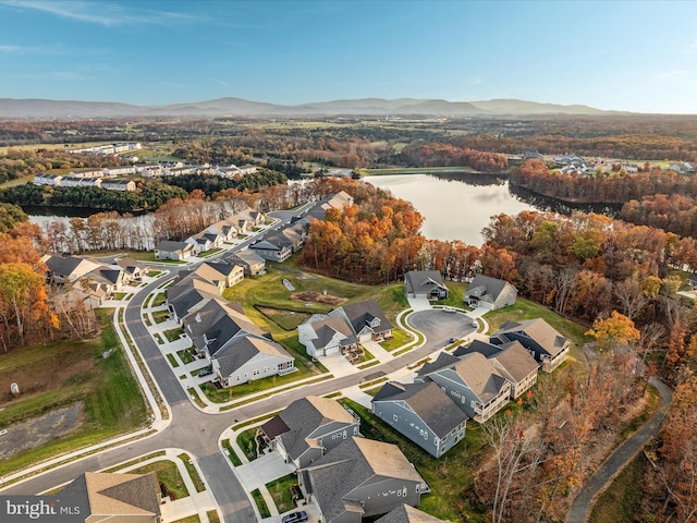 birds eye view of property with a water and mountain view