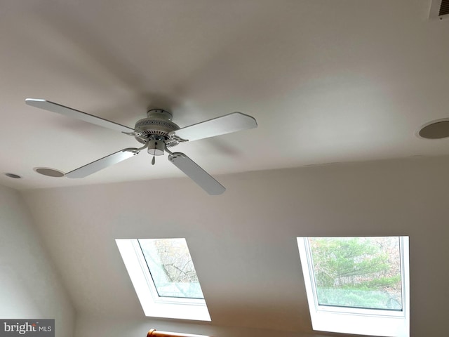 interior details with ceiling fan and a skylight