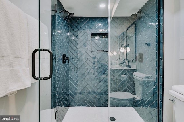 full bathroom featuring toilet and a stall shower