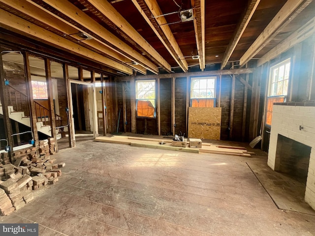 basement with a fireplace