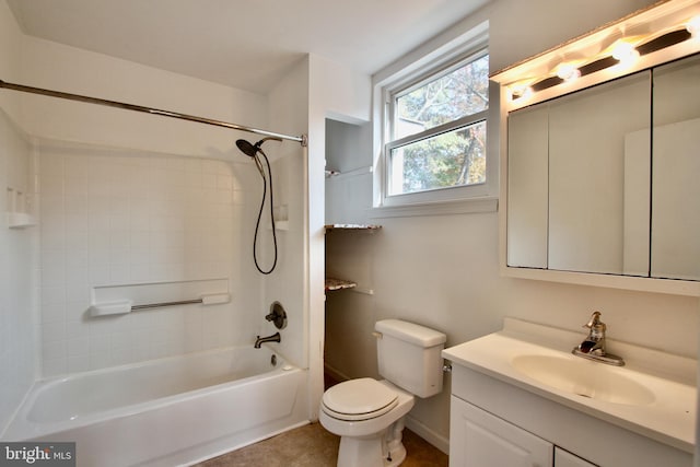 full bathroom with toilet, vanity, and shower / bath combination