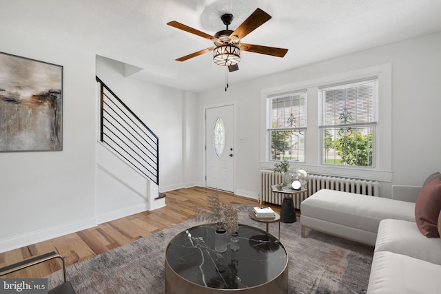 living room featuring ceiling fan, wood-type flooring, and radiator