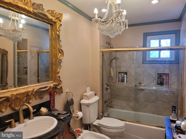 full bathroom featuring enclosed tub / shower combo, ornamental molding, sink, and an inviting chandelier